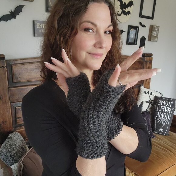 Hand Knit Fingerless Gloves, Armwarmers in Gray Yarn, Womens "Twilight Cloud", - Picture 1 of 13